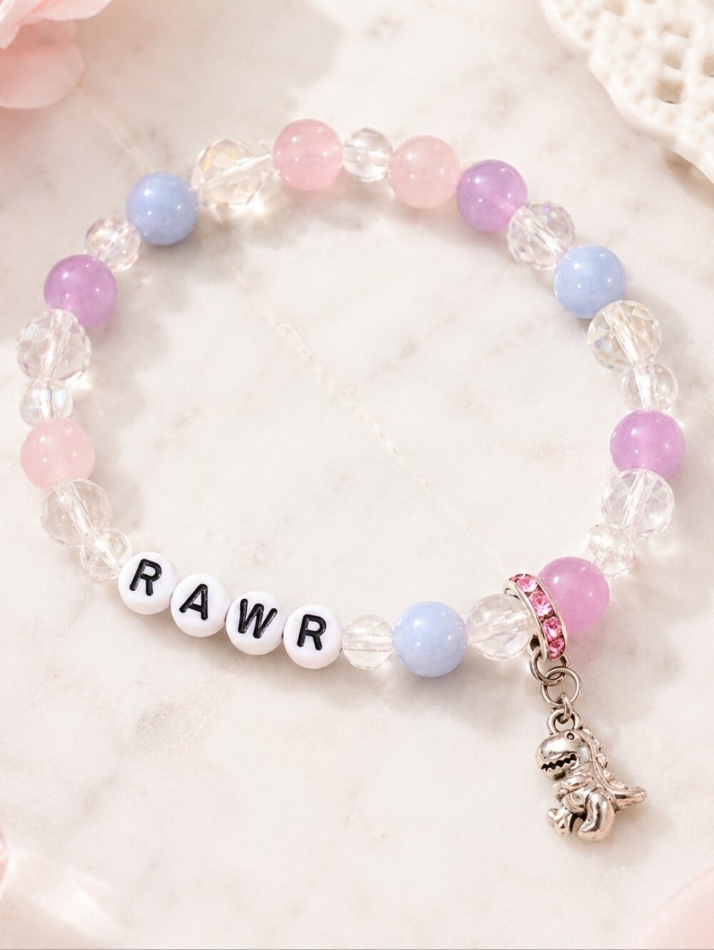 Handmade Pastel RAWR Dinosaur Charm Stretch Bracelet Gift